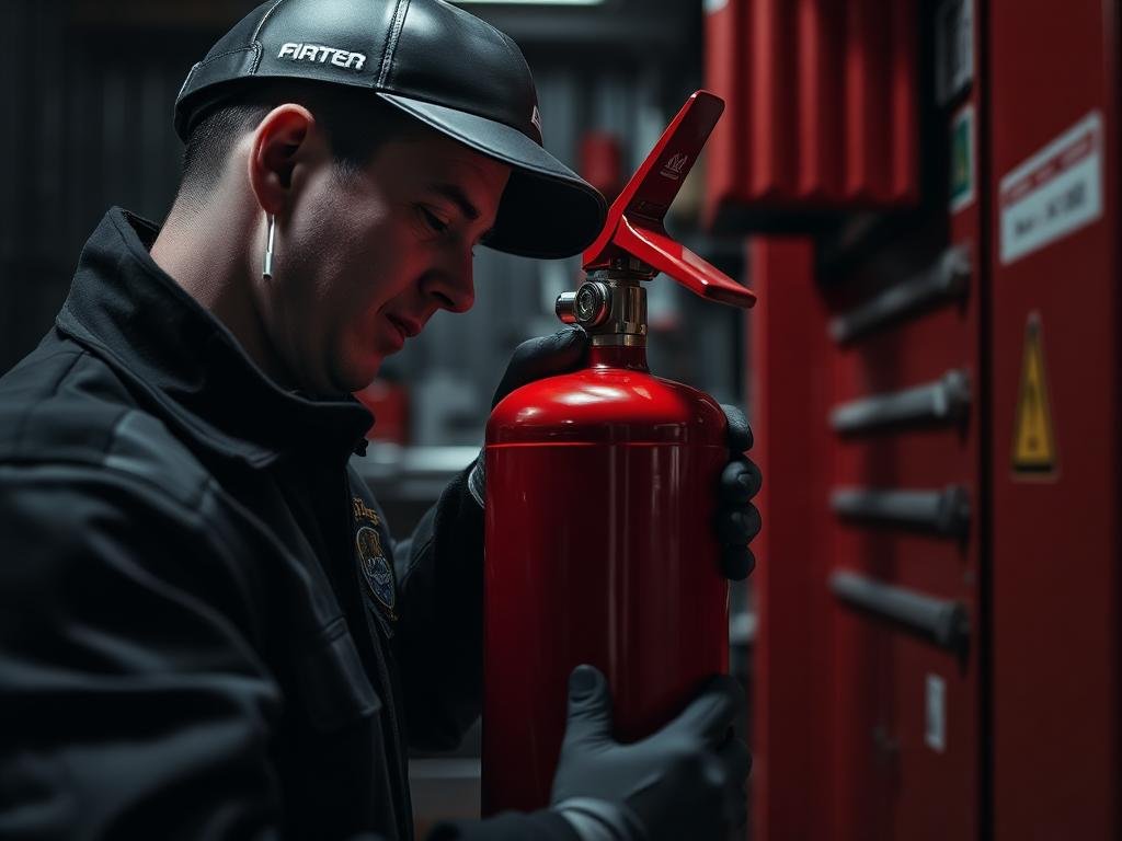Técnico realizando manutenção e recarga de extintor de incêndio